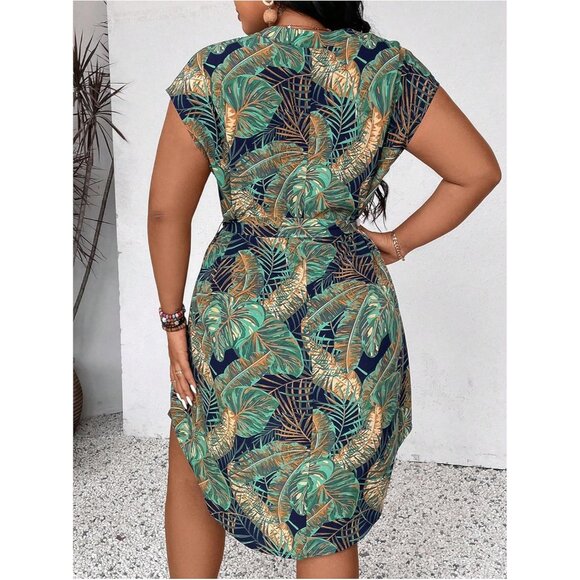 Women's Plus Size Tropical Print Dress Boho Cap Sleeve Notch Neck - Picture 2 of 6